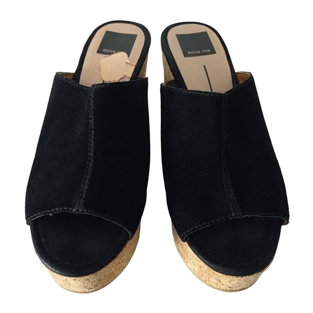Dolce Vita Black Suede Cork Platform Mules Sandals Peep Toe Slip Ons Modern